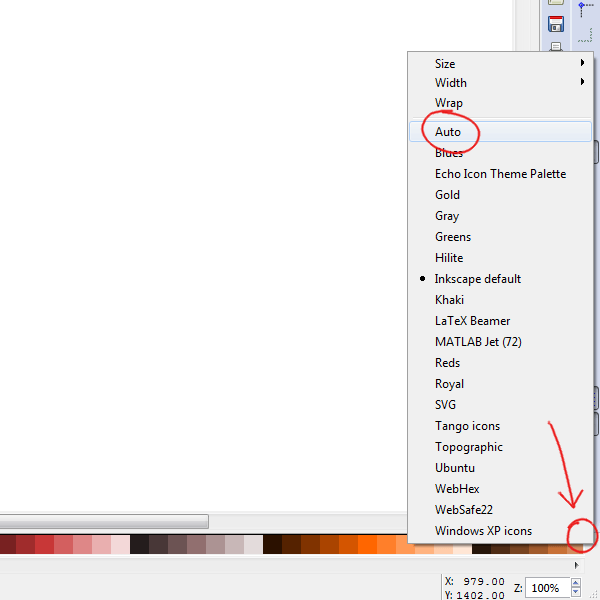 Меню выбора цветовой палитры в Inkscape