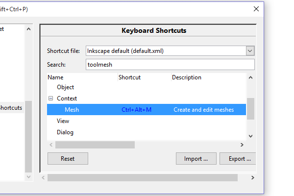 Назначение клавиатурной комбинации для градиентной сетки в Inkscape