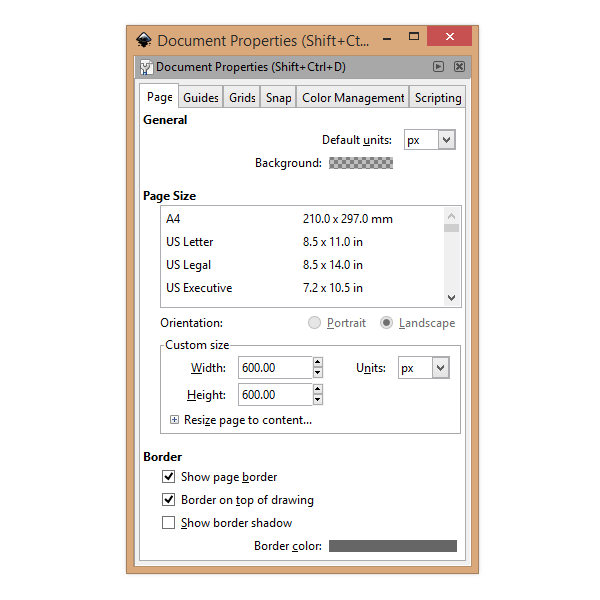 Свойства документа в Inkscape - размер страницы