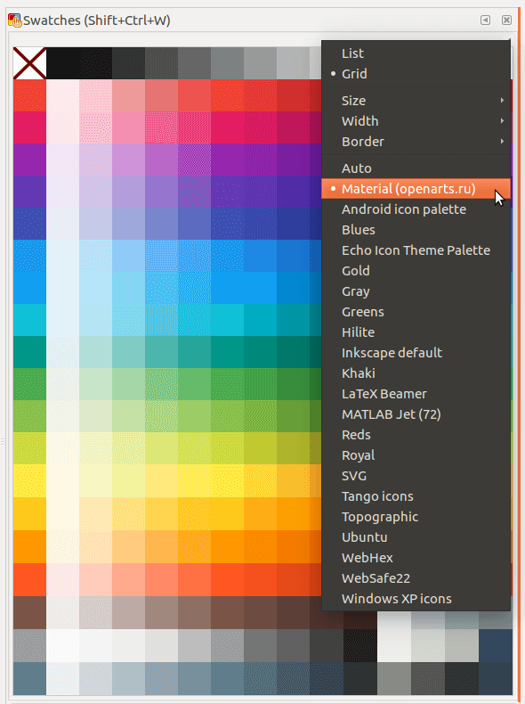 Выбор палитры Material Design для Inkscape на панели Swatches