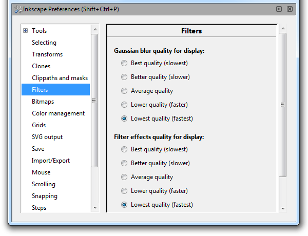 Понижение качества отрисовки фильтров для улучшения быстродействия Inkscape