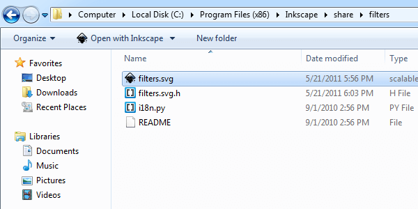 Расположение файла с пользовательскими фильтрами Inkscape