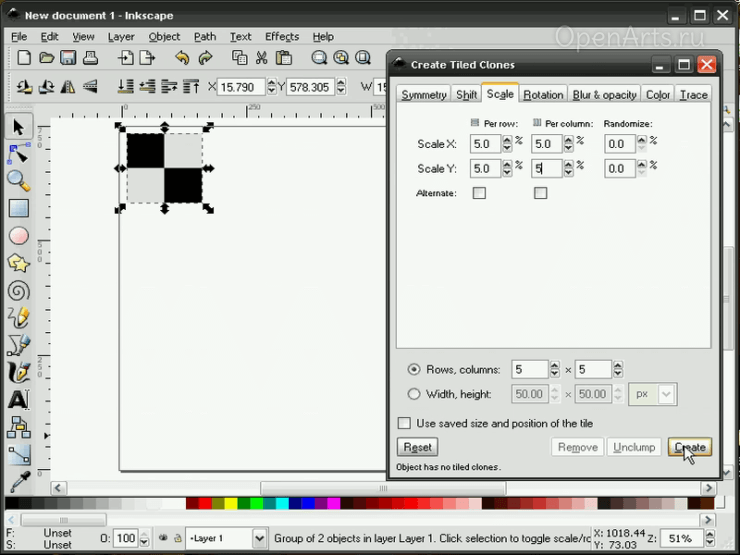Диалог создания узора из клонов в Inkscape, вкладка Размер